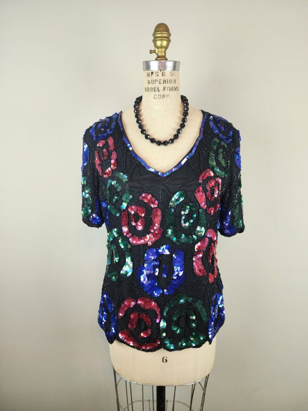 Vintage Jewel Toned Hand Stitch Floral Sequin Glass Beaded Silk Blouse by Stenay